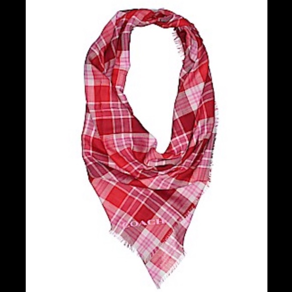 COACH Authentic Red White Plaid Fringe Large Oversized Scarf NEW - Picture 2 of 5